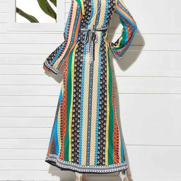 Green Stripe Surplice Maxi Dress - Women L - Picture 4 of 5